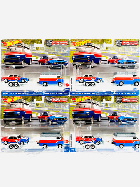 Hot Wheels 2023 Team Transport '70 Rover P6 Group 2 & HW Rally Hauler #55 Solid Pack (4 Cars)
