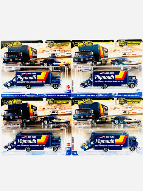 Hot Wheels 2024 Team Transport '70 Plymouth AAR Cuda & Sakura Sprinter #63 Solid Pack (4 Cars)