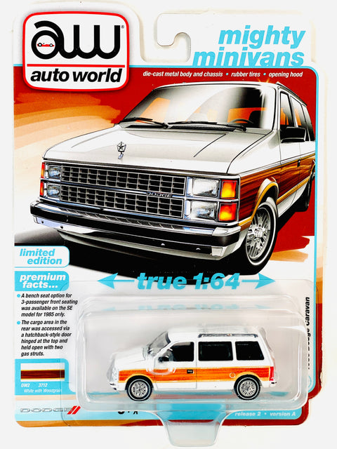 Auto World Mighty Minivans 1985 Dodge Caravan White W/ Woodgrain - Damaged Card