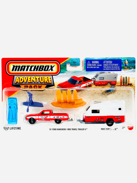 Matchbox 2025 Hitch & Haul Adventure Pack Case M '61 Ford Ranchero W/ MBX Travel Trailer II & MBX Surfing II