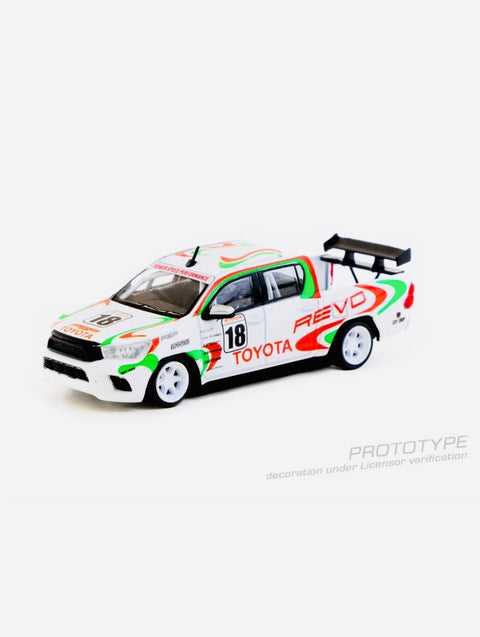 Tarmac Works Factory Sealed Hobby 64 Toyota Hilux Racing #18 White W/ Graphics