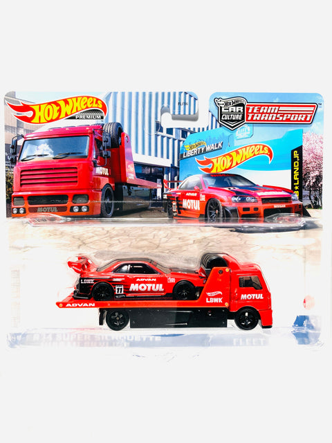 Hot Wheels 2022 Team Transport Case R Advan Motul Liberty Walk LBWK LB-ER34 Super Silhouette Nissan Skyline & Fleet Street #44 - Damaged Card