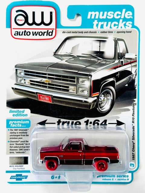 Auto World Muscle Trucks 1987 Chevy Silverado R10 Fleetside Gray Poly/Black Chase - Damaged Card