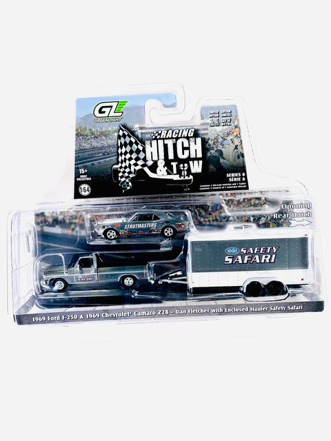 Greenlight Hitch & Tow Series 6 Safety Safari 1969 Ford F-250 Truck & 1969 Chevy Z/28 Camaro Dan Fletcher w/ Enclosed Hauler Chase
