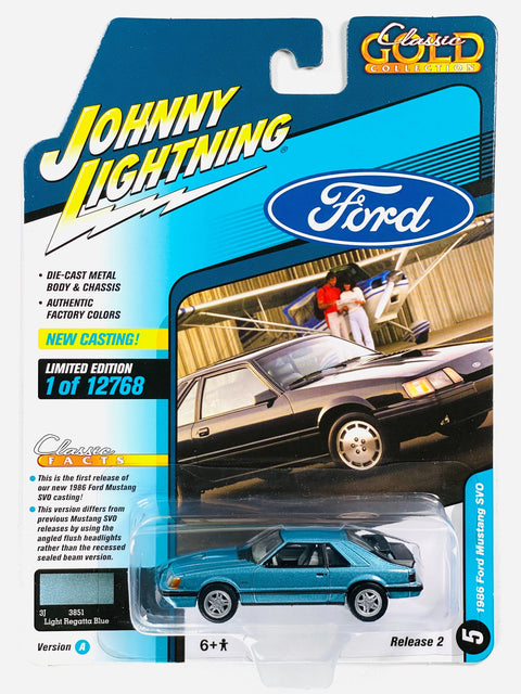 Johnny Lightning Classic Gold Collection 1986 Ford Mustang SVO Foxbody Light Regatta Blue - Damaged Card