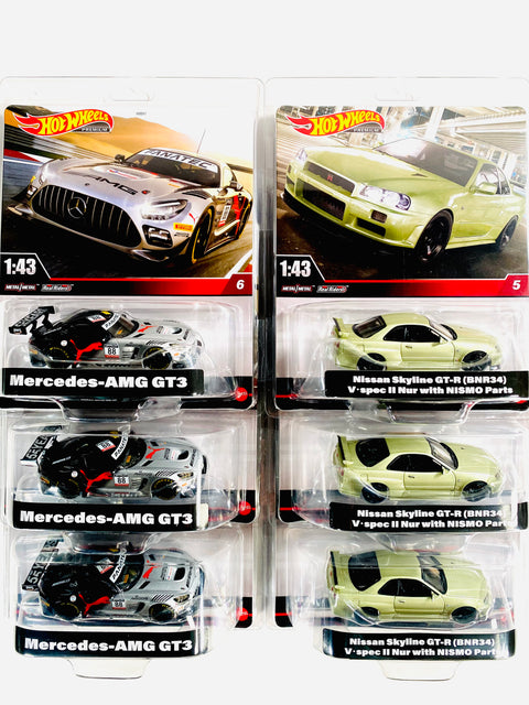 Hot Wheels 2024 Premium 1:43 Scale Nissan Skyline GT-R (BNR34) V Spec II Nur W/ Nismo Parts & Mercedes-AMG GT3 Factory Sealed Case (6 Cars)