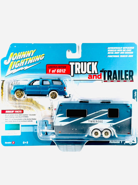 JOHNNY LIGHTNING TRUCK & TRAILER 2005 CADILLAC ESCALADE W/ CAMPER TRAILER CUSTOM METALLIC TEAL CHASE - Damaged Card