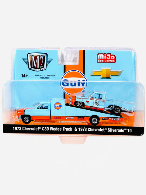 M2 Machine Auto-Haulers 1973 Chevrolet C30 Wedge Truck & 1978 Chevy Silverado 10 Bedless Gulf Livery