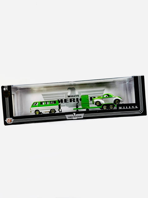 M2 Machines Willy's Americar Auto Haulers 1964 Dodge A100 Camper Van & 1941 Willy's Coupe Chase  - Damaged Box