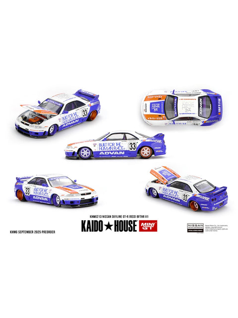 Mini GT x Kaido House Collab Factory Sealed Nissan Skyline GT-R (R33) BFTHR V1 White w/ Blue Two Tone #213