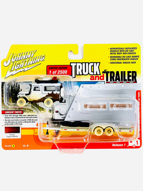 Johnny Lightning Truck & Trailer 1980 Toyota Land Cruiser W/ Open Car Trailer Custom Copper Metallic Chase - Damaged Card/Blister