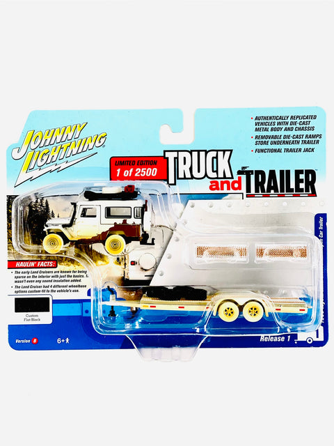 Johnny Lightning Truck & Trailer 1990 Toyota Land Cruiser W/ Open Car Trailer Custom Flat Black Chase - Damaged Card/Blister