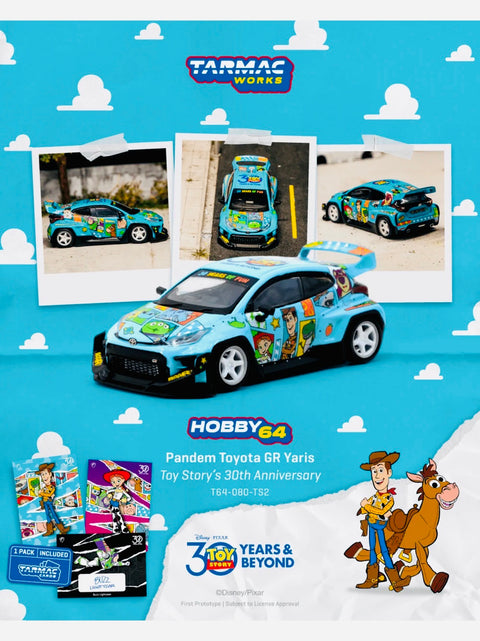 Tarmac Works Hobby 64 Factory Sealed Pandem Toyota GR Yaris Disney Toys Story 30th Anniversary w/ Trading Card Combo Set