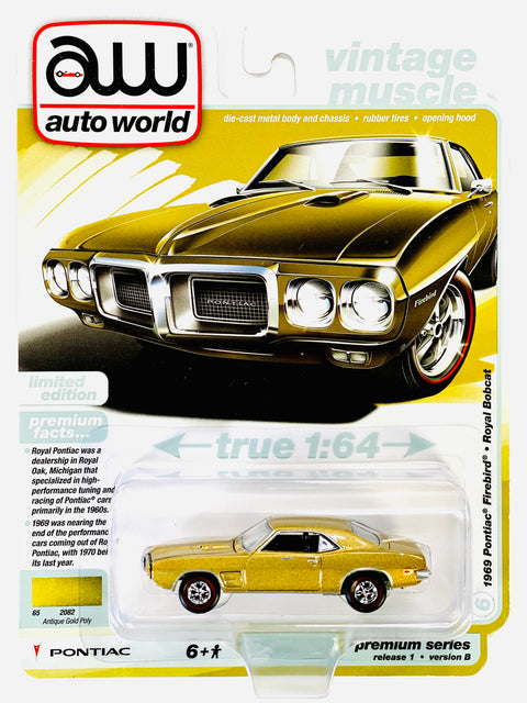 Auto World Vintage Muscle 1969 Pontiac Firebird Royal Bobcat Antique Gold Poly