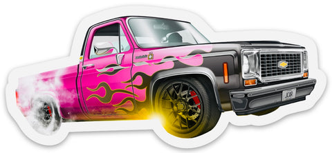 JCar Diecast Exclusive Pink Flames 1976 Chevrolet C10 Pick-Up Truck Diecut Sticker