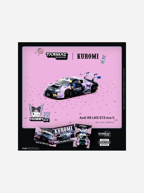 Tarmac Works Hobby 64 Factory Sealed Audi R8 LMS GT3 evo II Kuromi Uno Racing Macau GT Cup FIA GT World Cup 2024 Adderly Fong W/ Trading Cards Pack