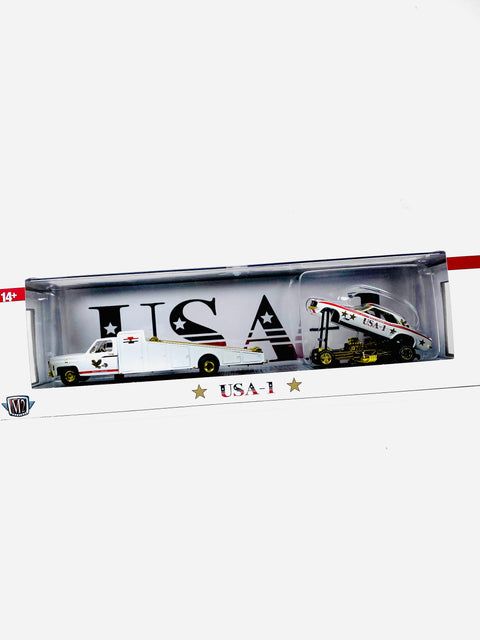 M2 Machines Auto Haulers Bruce Larson USA-1 1973 Chevrolet C30 Truck & 1969 Chevrolet Camaro Funny Car Chase - Damaged Box