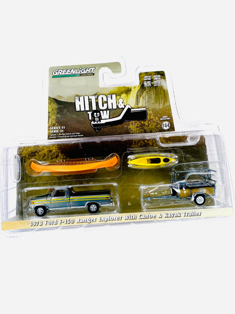 Greenlight Hitch & Tow 1978 Ford F-150 Ranger Explorer W/ Canoe & Kayak Trailer Chase - Damaged Blister