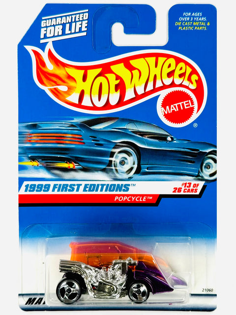 Hot Wheels 1999 First Editions Popcycle Purple w/ Orange (13/26) - Damaged Card/Blister