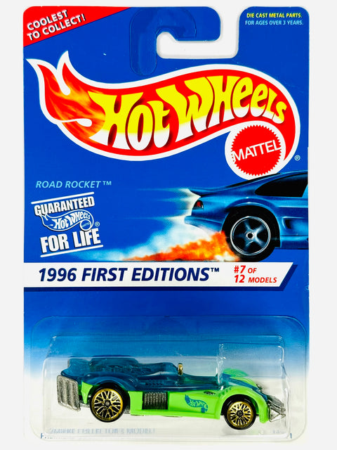 Hot Wheels 1996 First Editions Road Rocket Green w/ Blue (7/12) - Damaged Card/Blister