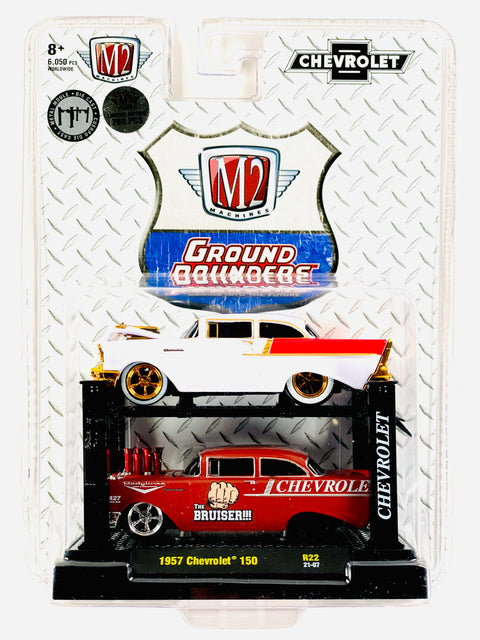 M2 Machines Auto-Lift 2 Pack Ground Pounders 1957 Chevrolet 150 Chase - Damaged Blister