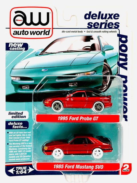 Auto World Deluxe 2-pack 1995 Ford Probe GT & 1985 Ford Mustang SVO Chase - Damaged Card