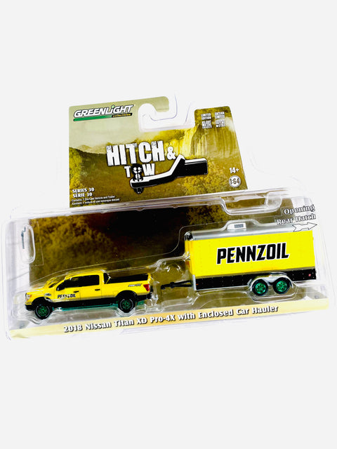 Greenlight Hitch & Tow 2018 Nissan Titan XD Pro-4X With Enclosed Car Hauler Chase