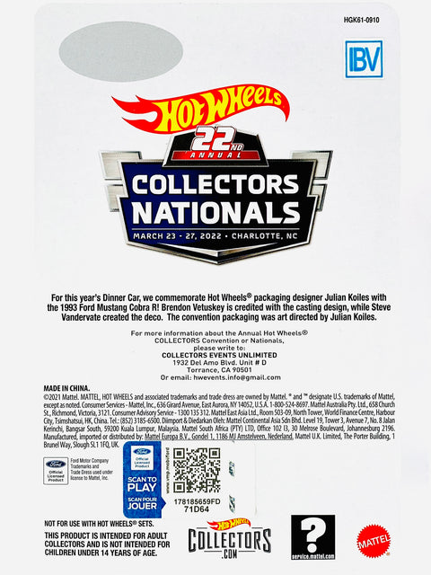Hot Wheels 2022 22nd Collectors Nationals Convention Charlotte, NC Dinner 1993 Ford Mustang Cobra R IBV/Sample