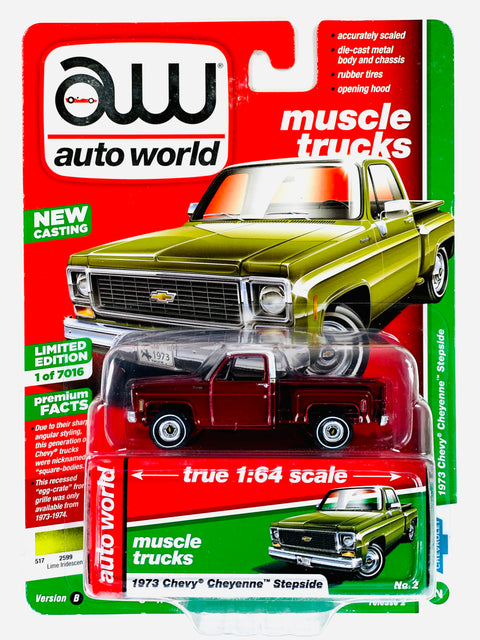 Auto World Muscle Trucks 1973 Chevy Cheyenne Stepside Lime Iridescent Chase - Damaged Card