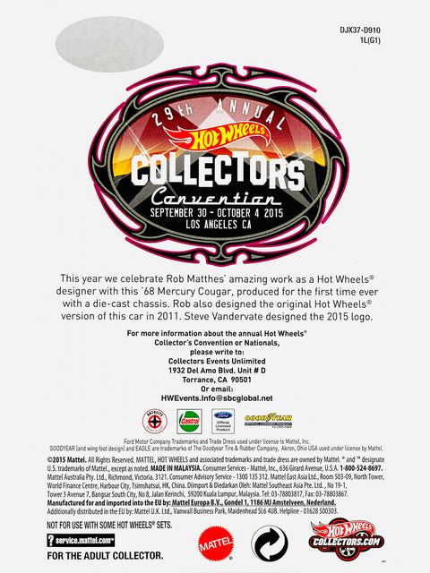 Hot Wheels 2015 29th Annual Collectors Convention Los Angeles, CA '68 Mercury Cougar Sample - Damaged Card