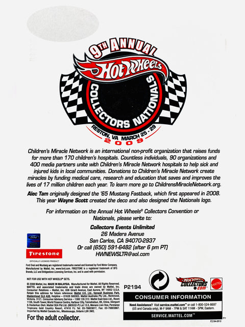 Hot Wheels 2009 9th Annual Collectors Nationals Reston, VA Children's Miracle Network '65 Mustang Fastback Sample