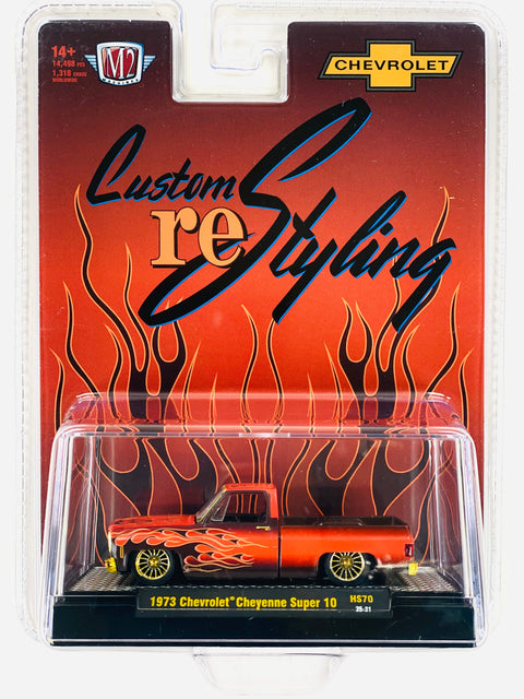M2 Machines Hobby Exclusive 1973 Chevrolet Cheyenne Super 10 Custom Re Styling Brown w/ Flames Chase
