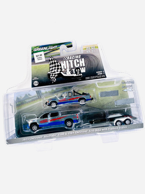 Greenlight Racing Hitch & Tow 2023 Chevrolet Silverado 1500 and 1989 Chevrolet S10 Baja – American Thunder with Flatbed Trailer Raw Chase - Damaged Blister