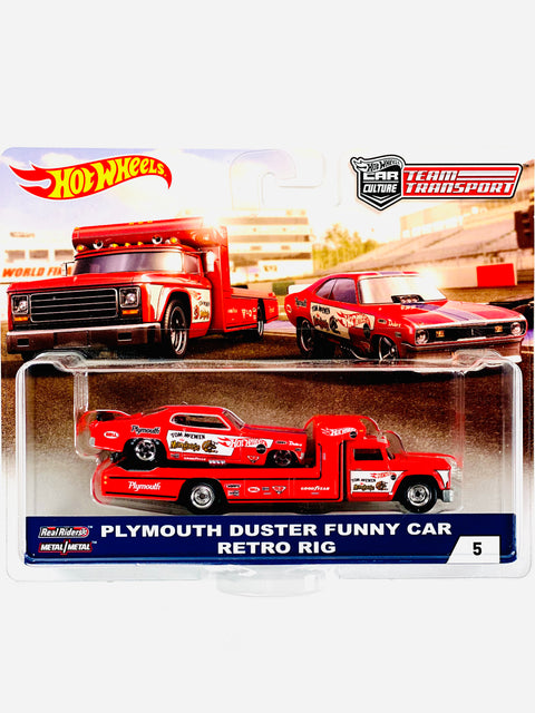 Hot Wheels 2018 Team Transport Plymouth Duster Funny Car Retro Rig #5 - Damaged Card
