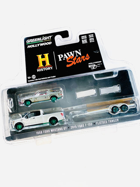 Greenlight Hollywood History Pawn Stars 1968 Ford Mustang GT & 2015 Ford F-150 W/ Flatbed Trailer Chase - Damaged