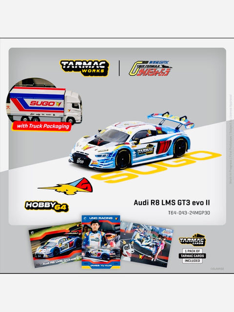 Tarmac Works Factory Sealed Hobby 64 Audi R8 LMS GT3 Evo II Macau GT Cup FIA GT World Cup 2024 Uno Racing #30 w/ Tarmac Cards Combo Set & Truck Packaging