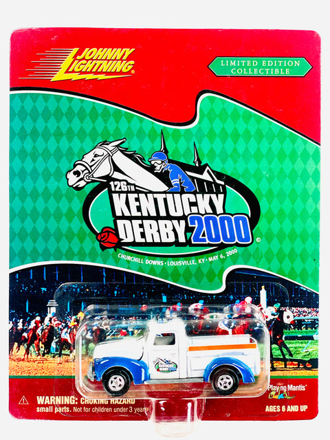 Johnny Lightning Playing Mantis 2000 126th Kentucky Derby '40 Ford Pickup Truck White & Blue - Damaged Card/Blister
