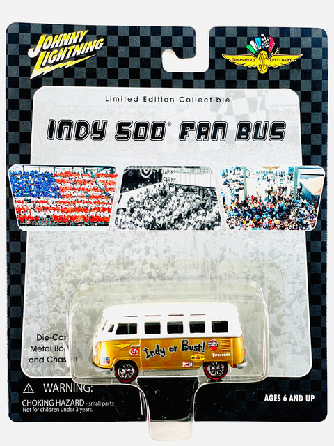 Johnny Lightning Indianapolis Motor Speedway Indy 500 Fan Volkswagen Bus Gold & White - Damaged Card/Blister