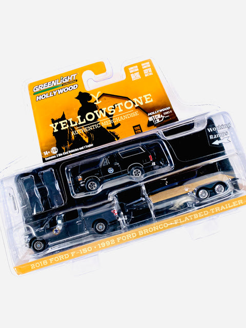 Greenlight Hollywood Hitch & Tow Yellowstone 2018 Ford F-150 & 1992 Ford Bronco W/ Flatbed Trailer
