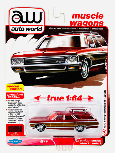 Auto World Muscle Wagons 1970 Chevy Kingswood Estate Cranberry Red Chase - Damaged Card/Blister