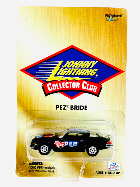 Johnny Lightning Playing Mantis Collector Club PEZ Bride Camaro Black - Damaged Card/Blister