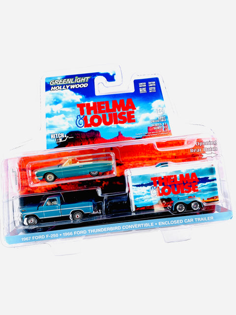 Greenlight Hollywood Hitch & Tow Thelma & Louise 1967 Ford F-250 & 1966 Ford Thunderbird Convertible W/ Enclosed Car Trailer