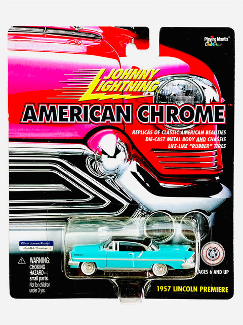 Johnny Lightning Playing Mantis American Chrome 1957 Lincoln Premiere Blue - Damaged Card/Blister