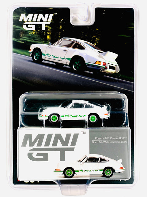 Mini GT Mijo Exclusive Porsche 911 Carrera RS 2.7 Grand Prix White with Green Livery #801
