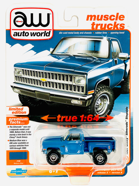 Auto World Muscle Trucks 1981 Chevrolet Silverado Stepside 4x4 Medium Blue - Damaged Card/Blister