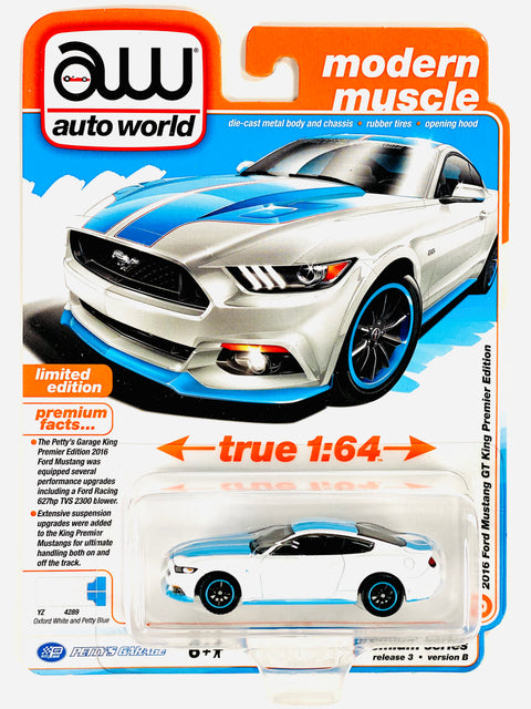 Auto World Modern Muscle Petty's Garage 2016 Ford Mustang GT King Premier Edition White Body w/ Petty Blue Ground Effects - Damaged Card