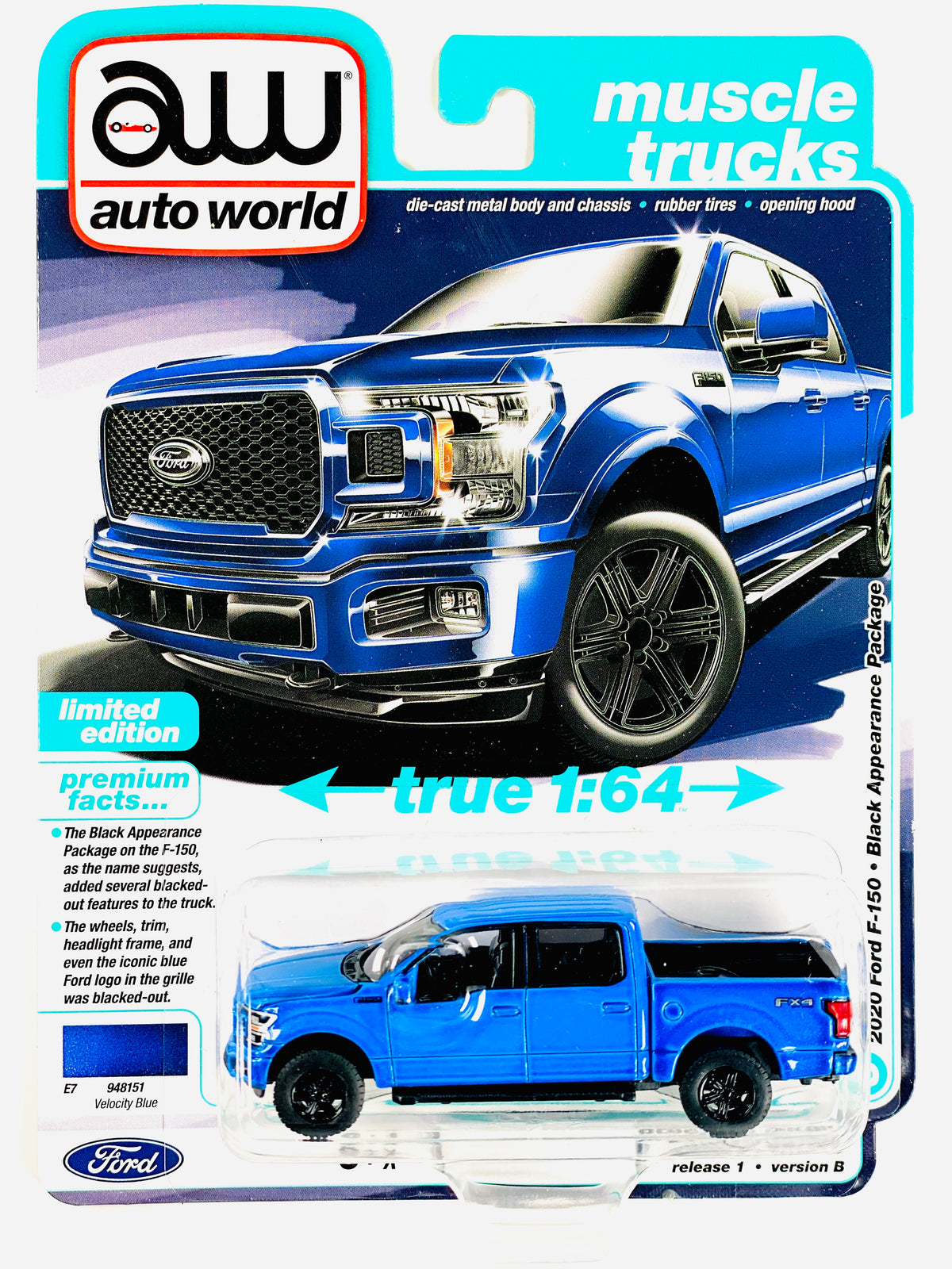 Camionnette Ford F-150 1:64 Auto World 2020 - Série B Bleue, Modèle Diecast Neuf, Collection Muscle Trucks