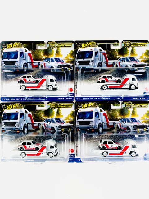 Hot Wheels 2025 Team Transport '73 Honda Civic Custom & Aero Lift #80 Solid Pack (4 Cars)