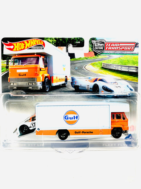 Hot Wheels 2022 Team Transport Case Q Gulf Oil Porsche 917 LH & Fleet Flyer #41 - Damaged Card/Blister