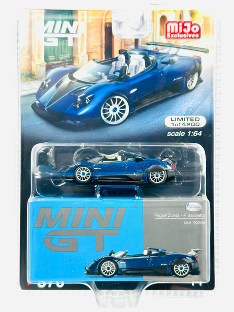 Mini GT Mijo Exclusives Pagani Zonda HP Barchetta Blue Tricolore #370 - Damaged Blister